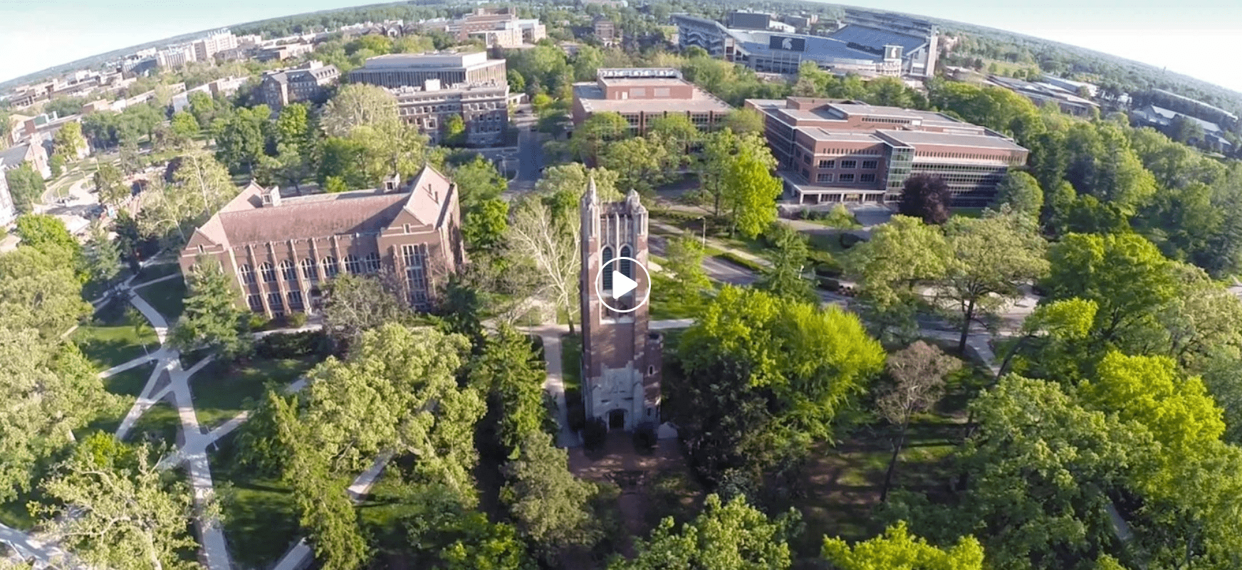 birds-eye view of campus featuring Beaumont Tower