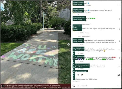 A screenshot of a multi-image Instagram post with alt text revealed. The main image shows sidewalk are that reads You Are Worthy at the base of Beaumont Tower. The alt text in white on brown background reads "(AUTOGENERATED) Photo shared by Michigan State University on September 12, 2023 tagging @shelby.dundas, @hinashehzaddd, and @jaisalchopra. May be an image of chalk drawing, grass, park and text." To the right is the Instagram comments and post text for this image, including alt text in white on green identifying the profile photos of the MichiganStateU profile and the profiles of those who have commented. 