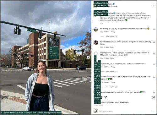 A screenshot of a multi-image Instagram post with alt text revealed. The main image shows a student standing at the intersection of Farm Lane and Auditorium Road. The alt text in white on green for this image reads "A Spartan standing outside on campus with MSU advertising behind them." To the right is the Instagram comments and post text for this image, including alt text in white on green identifying the profile photos of the MichiganStateU profile and the profiles of those who have commented. 
