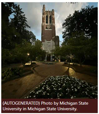 A screenshot of an Instagram post with revealed alt text. The image shows Beaumont Tower at dusk. The alt text is white on a brown background and reads: "(AUTOGENERATED) Photo by Michigan State University in Michigan State University."