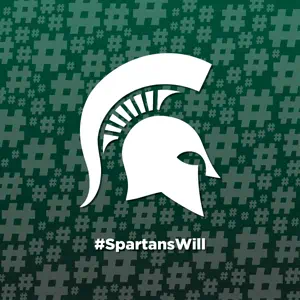A dark green square background, covered in faint # watermarks. A large white Spartan helmet graphic fills the center. The text "#SpartansWill" appears in white below the helmet.