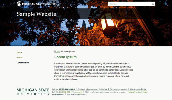 Sample page showing the main components of the MSU web page layout